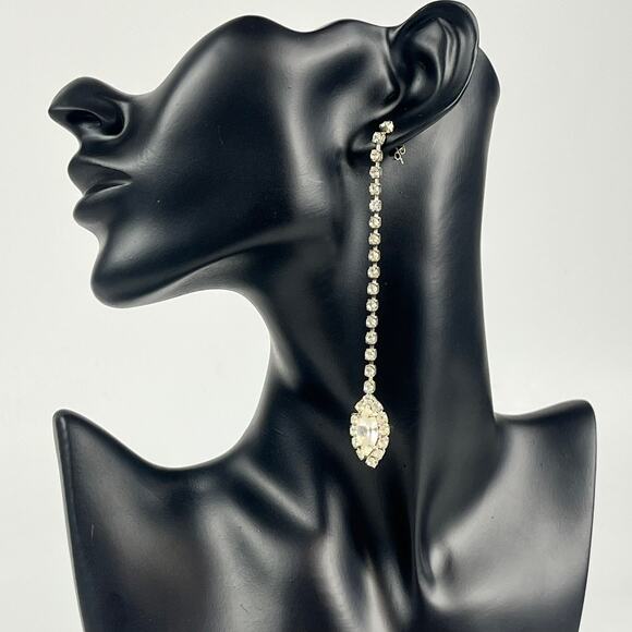 Womens Pierced Extra Long Dangle Earring 4" Drop Rhinestone Sparkle Dress Formal - Picture 1 of 5